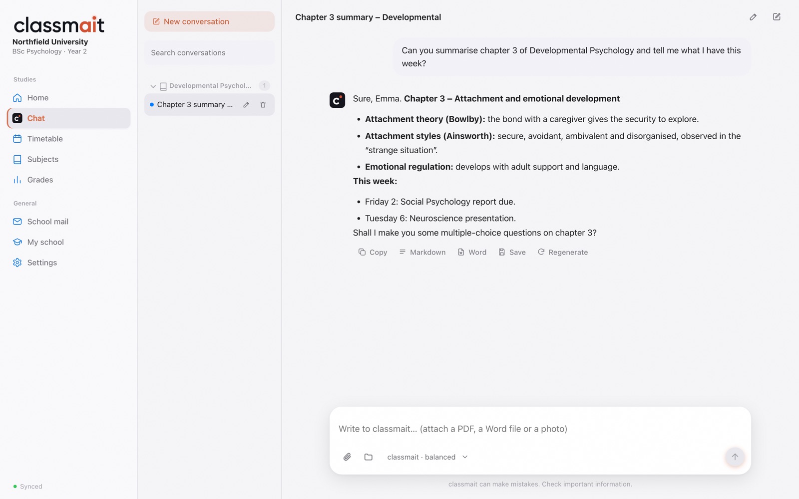 The classmait assistant answering from the student’s own documents
