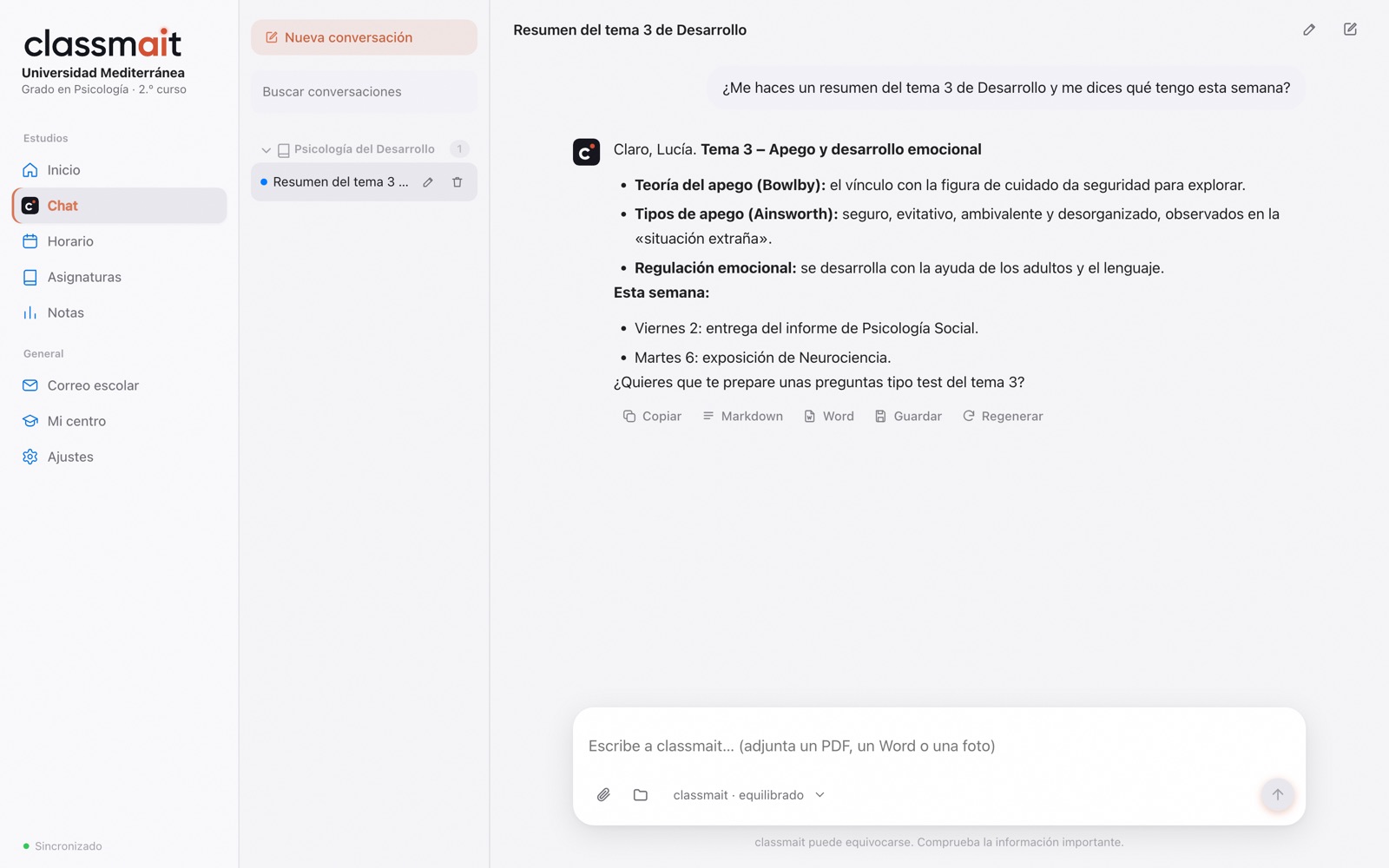 El asistente de classmait respondiendo a partir de los documentos del alumno