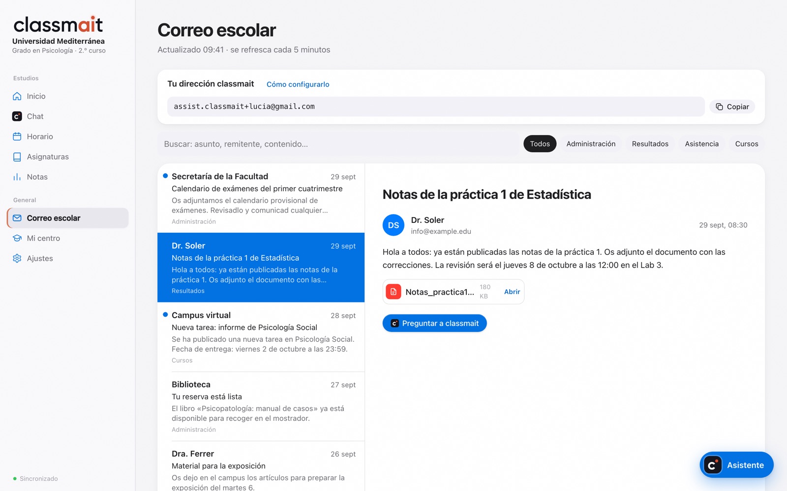 Correos del centro en classmait, cada uno en su asignatura
