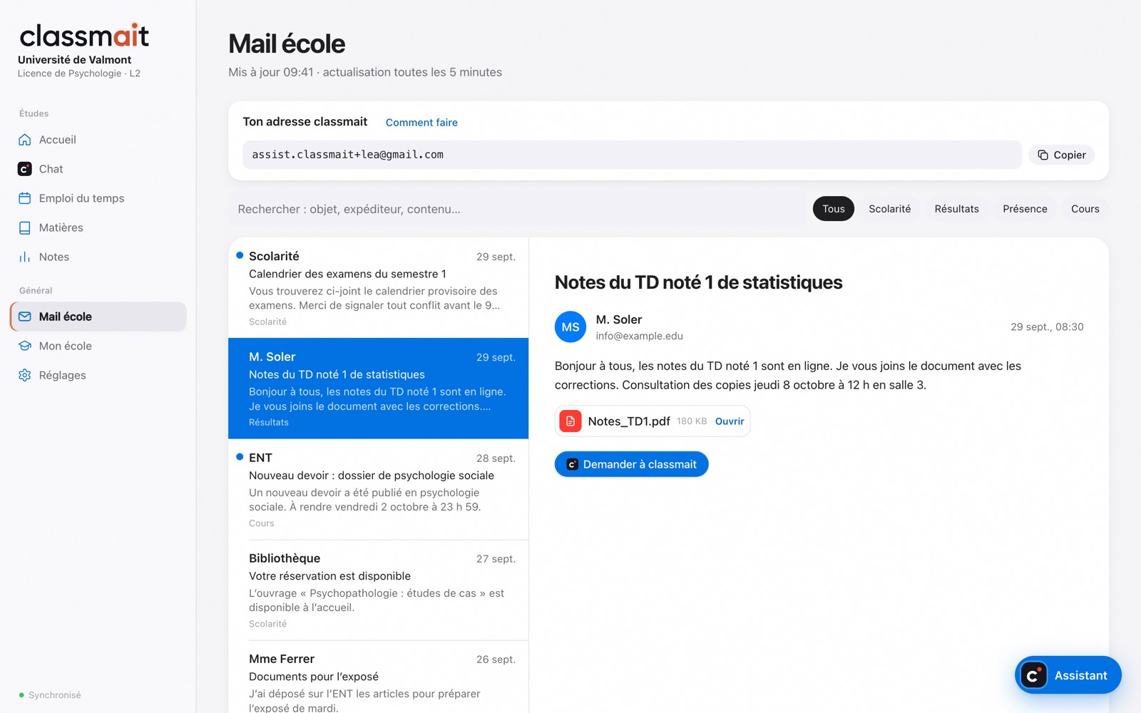 Les mails de l’école dans classmait, chacun rangé dans sa matière