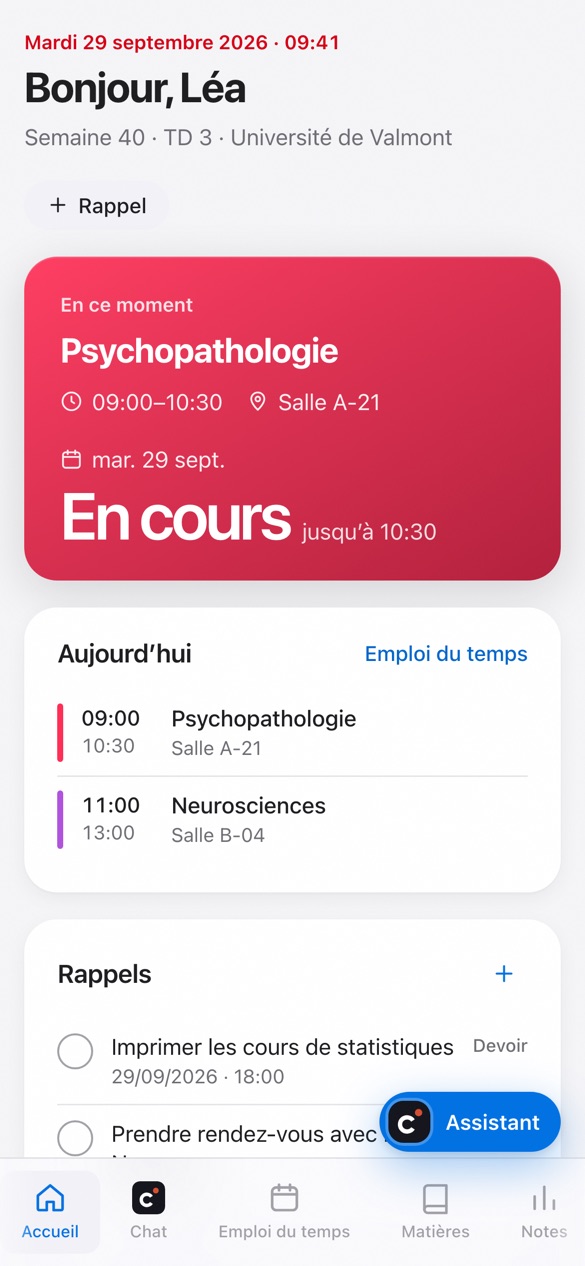 L’emploi du temps de la semaine dans classmait avec cours et examens