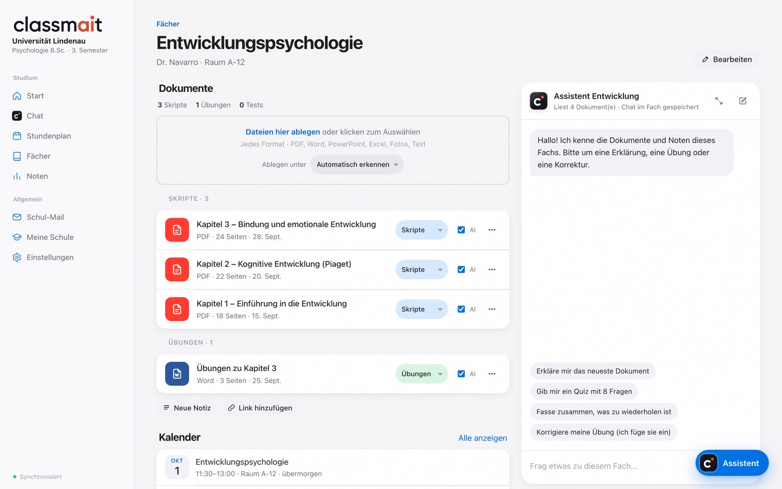 Ein Fach in classmait mit seinen Unterlagen, bereit für ein Quiz