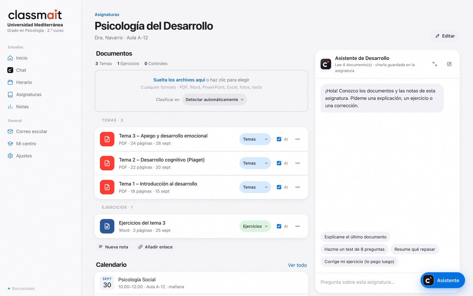 Una asignatura en classmait con sus documentos, lista para generar un test