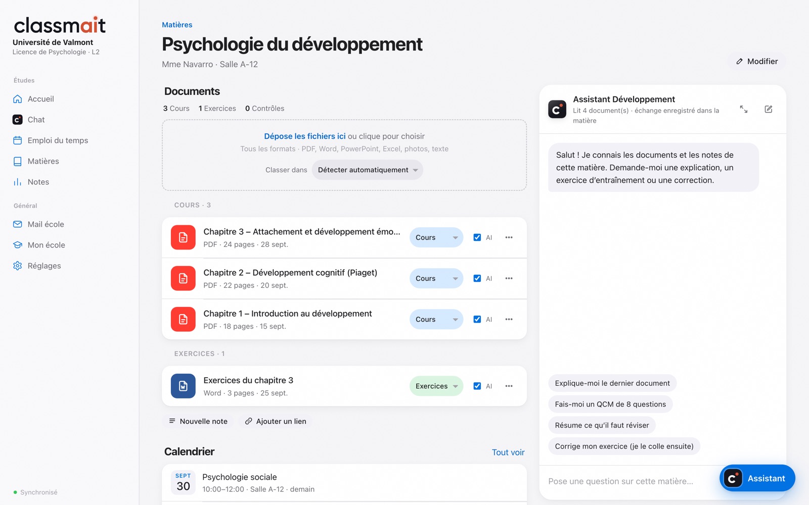 Une matière dans classmait avec ses documents, prête pour générer un QCM