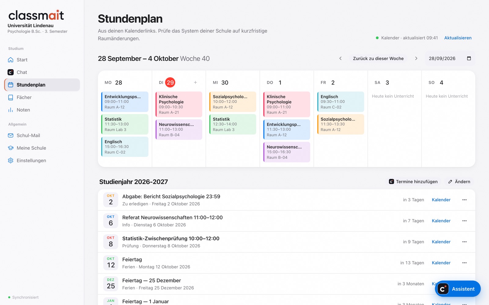 Der Wochenstundenplan in classmait mit Unterricht und Prüfungen