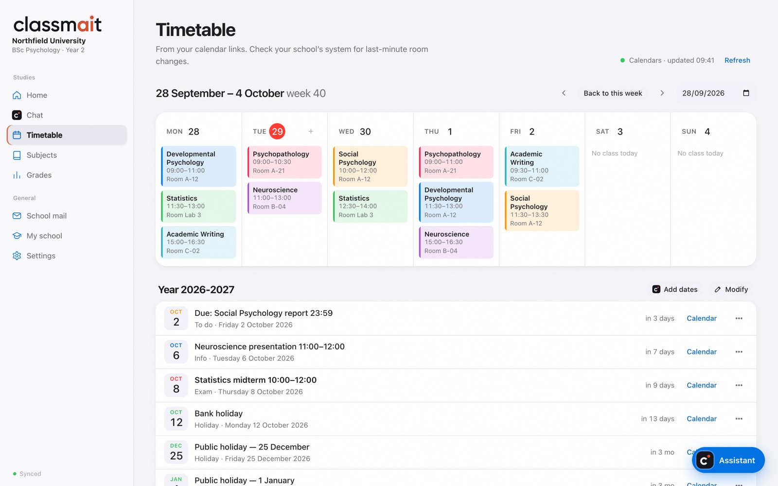 The classmait weekly timetable with classes and exams