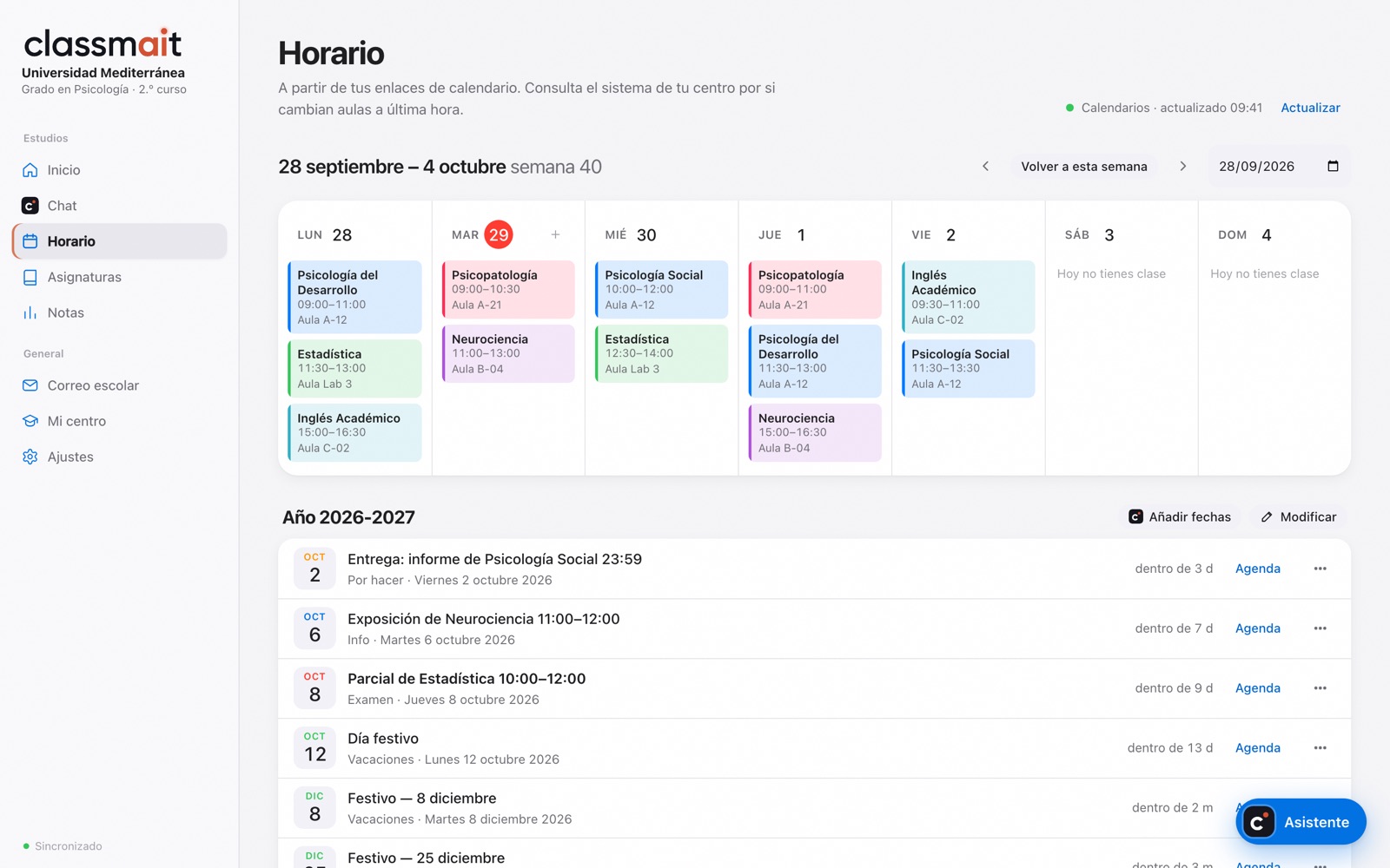 El horario semanal de classmait con clases y exámenes