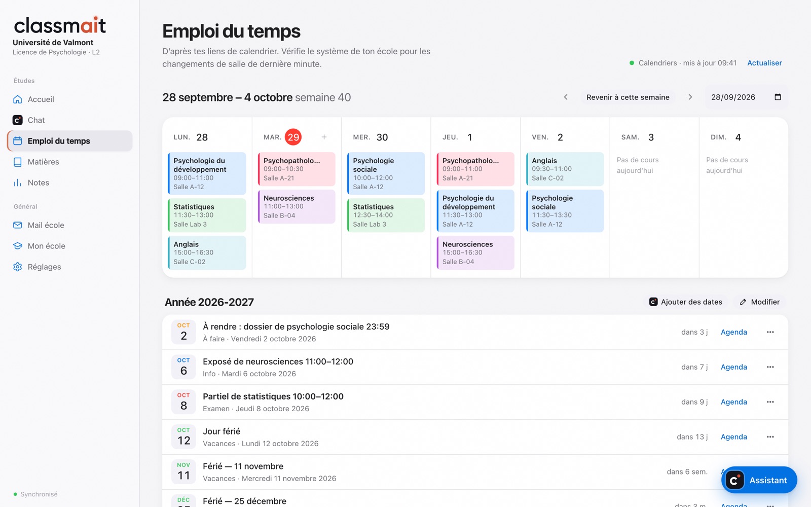 L’emploi du temps de la semaine dans classmait avec cours et examens